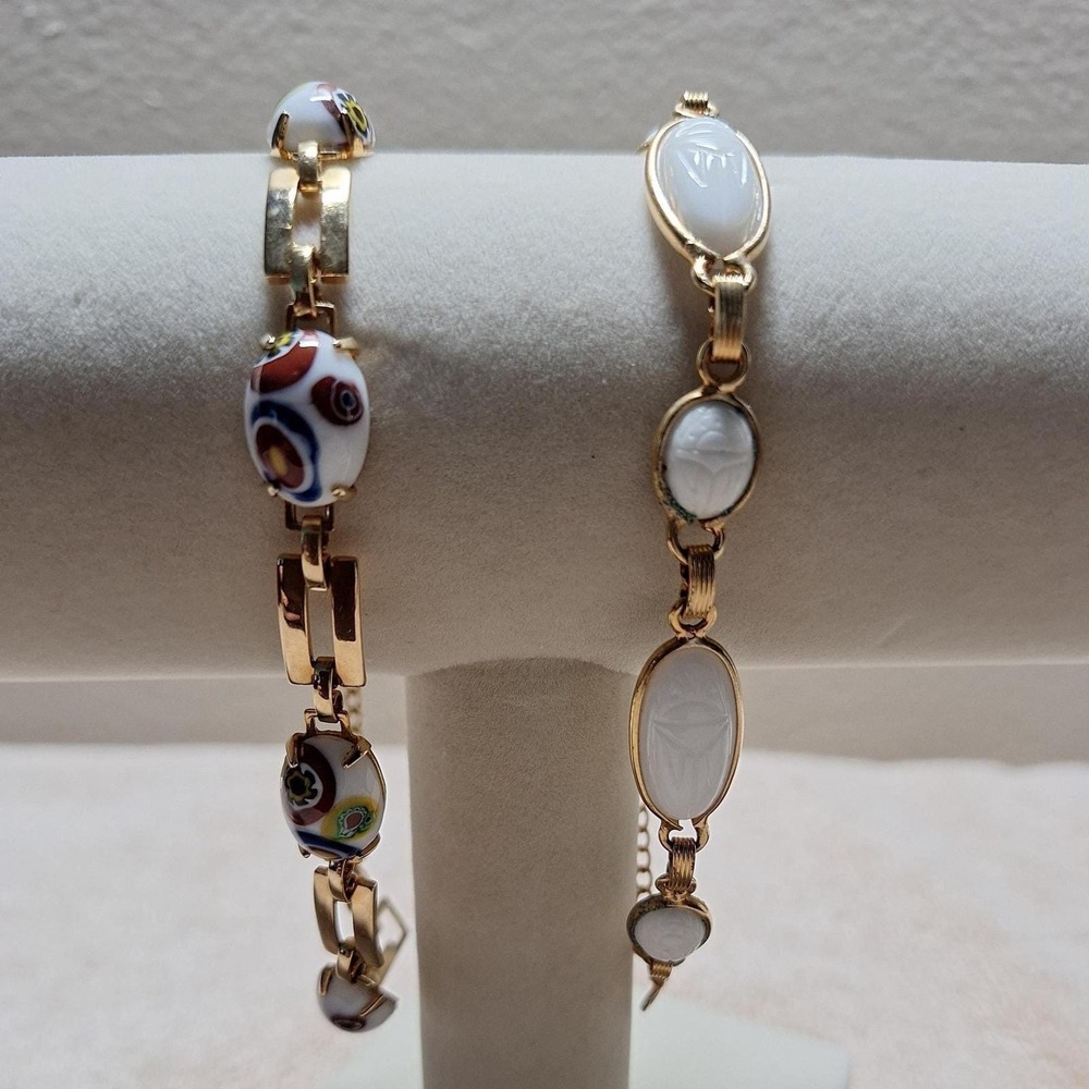 Vintage scarob milk glass bracelet white and multi color art glass bracelet set